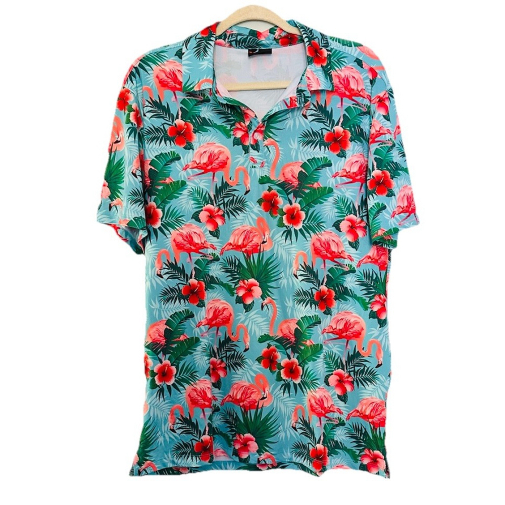 Yatta Golf Pau Hana‎ Polo Shirt Floral Flamingo Mens Medium Short Sleeve
